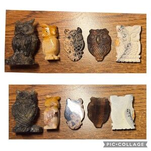 5 piece owl carvings, fluorite, agate, labradorite, palm root, bumblebee jasper